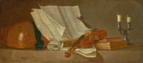 A musical score on a reading stand a violin and a bow a lute a candlestick and b