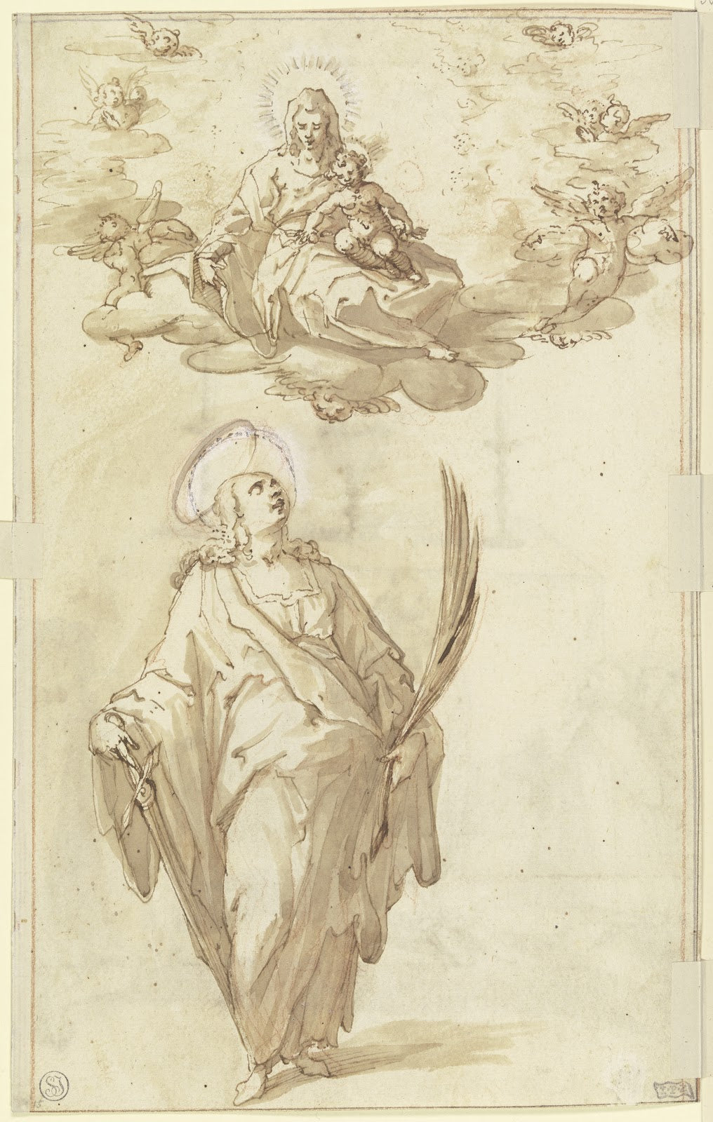 Die Heilige Katharina mit der Palme und dem Schwert oben in den Wolken Maria mit
