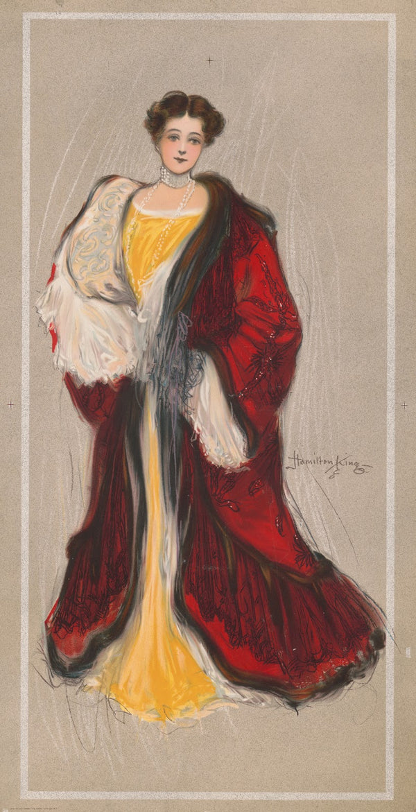 Woman with yellow dress and red coat 1905