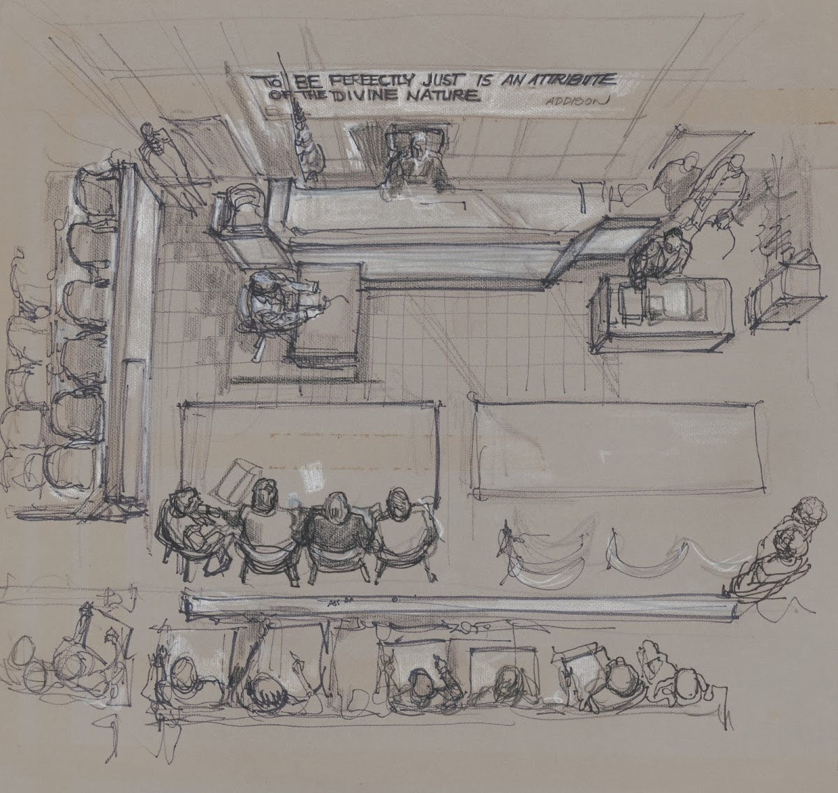 Overhead view of courtroom at New York State Supreme Court Brooklyn