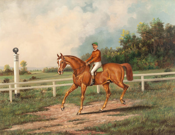 Chestnut Racehorse with Jockey Up on a Training Track with a Wooded Landscape Be