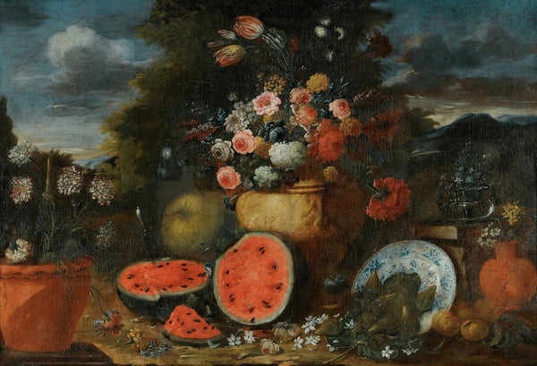 Still Life With A Large Arrangement Of Flowers In A Carved Stone Urn With Open W