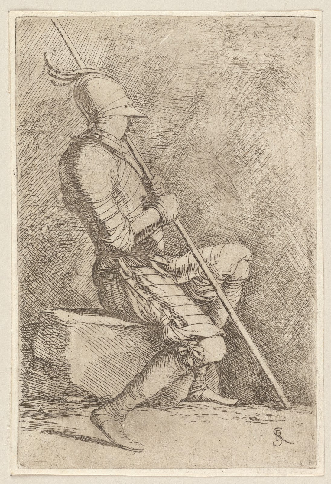 Soldier Seated in a Helmet Holding a Cane 1656   1657