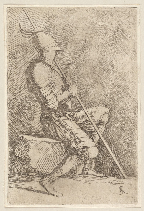 Soldier Seated in a Helmet Holding a Cane 1656   1657