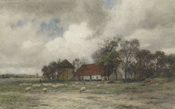Landschap met boerderij en herder met schapen 1872