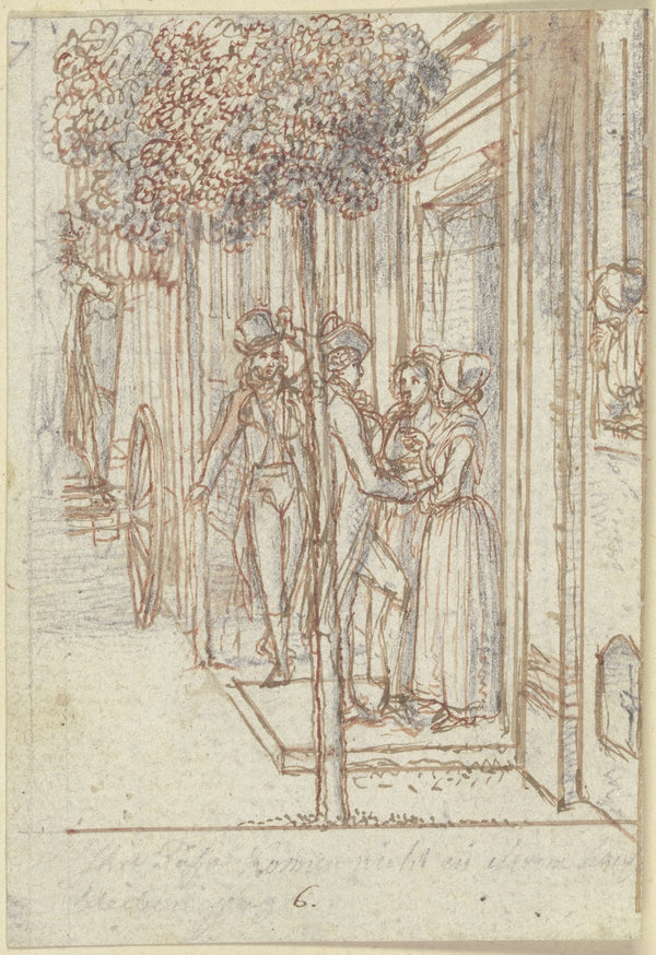Zwei Frauen stehen an einer Haustür unter Bäumen ca 1795