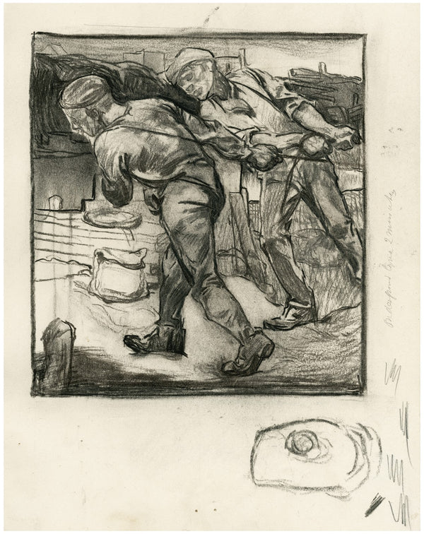Two dike workers pulling a rope