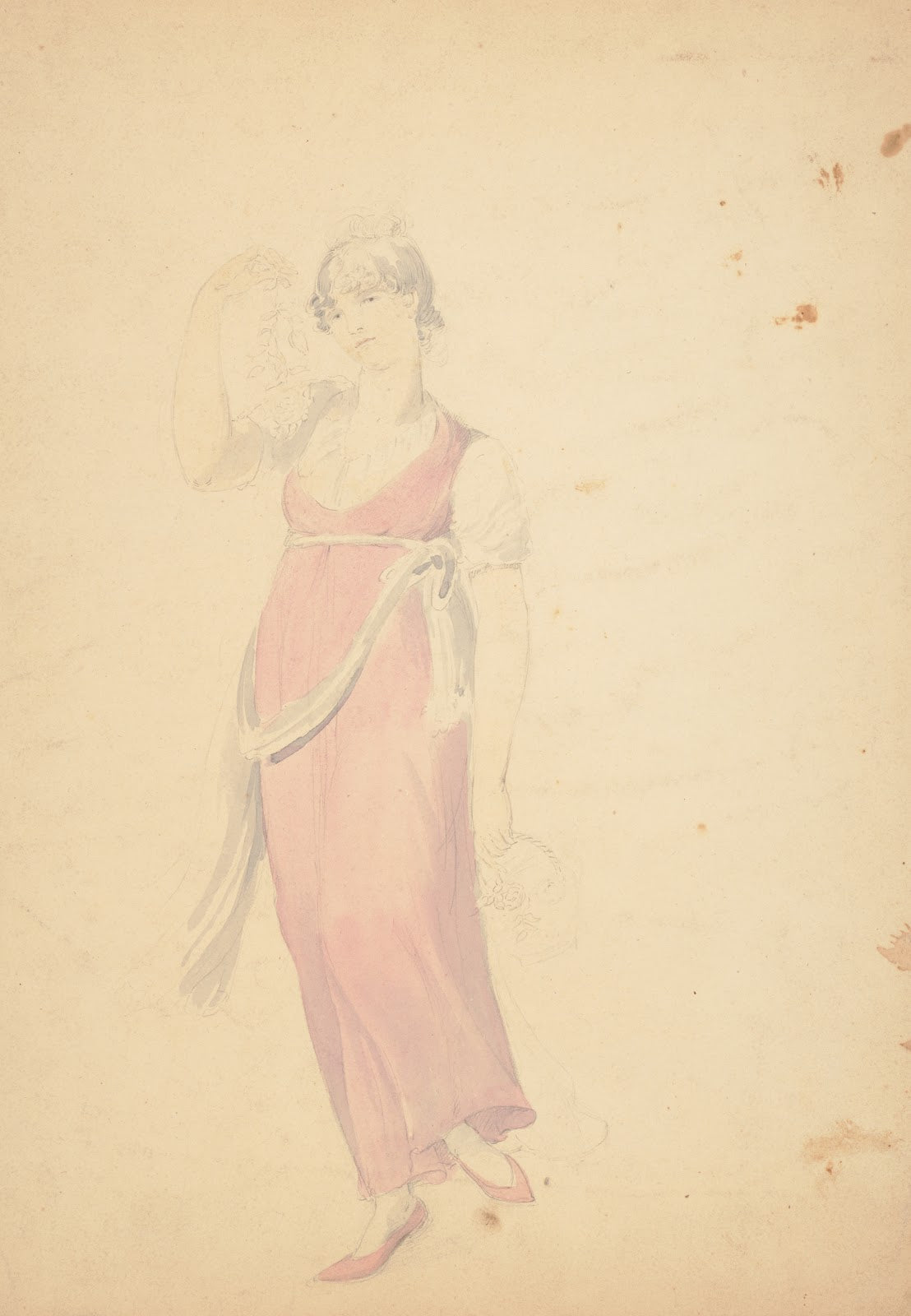 Full length unfinished drawing of woman wearing a pink dress and shoes and holdi