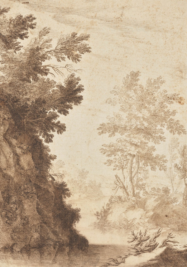 A rocky river landscape with a distant town