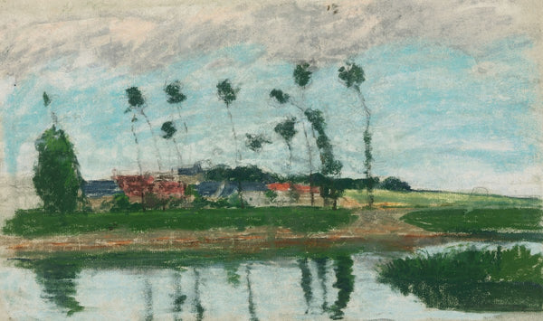 Village au bord dun étang circa 1869