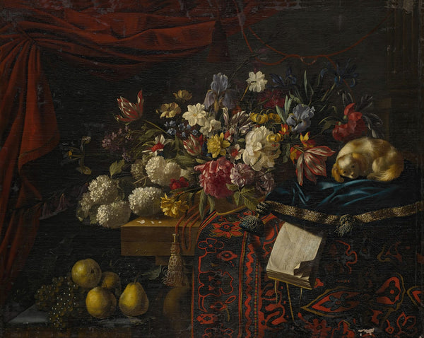 A still life of flowers set on a table witha carpet a music book and a dog seate