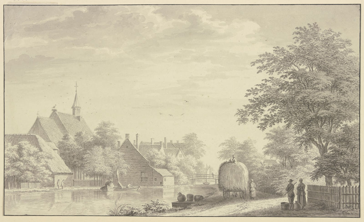 Städtchen am Fluß rechts ein Heuwagen 1763