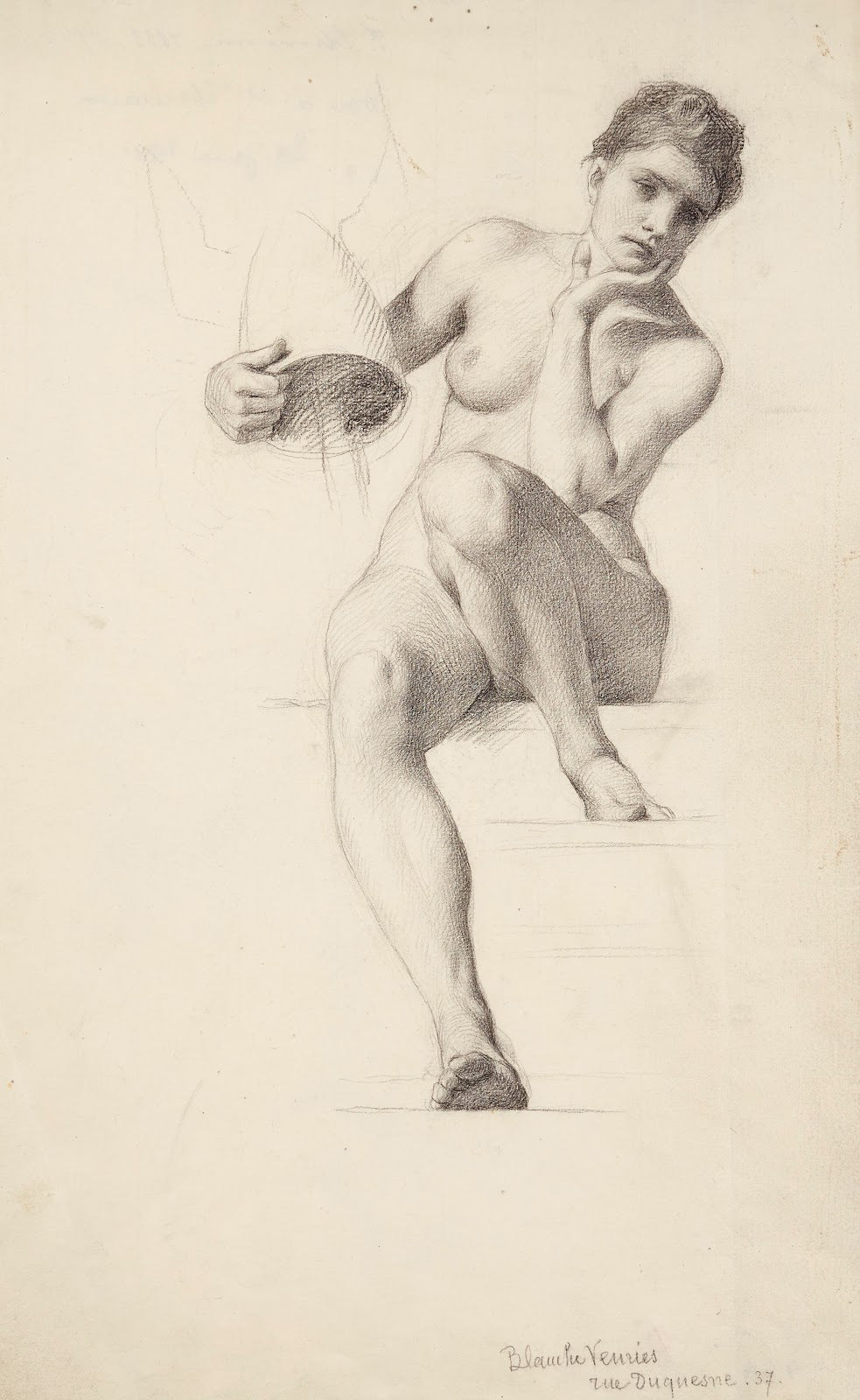 Etude de femme nue assise la tête appuyée