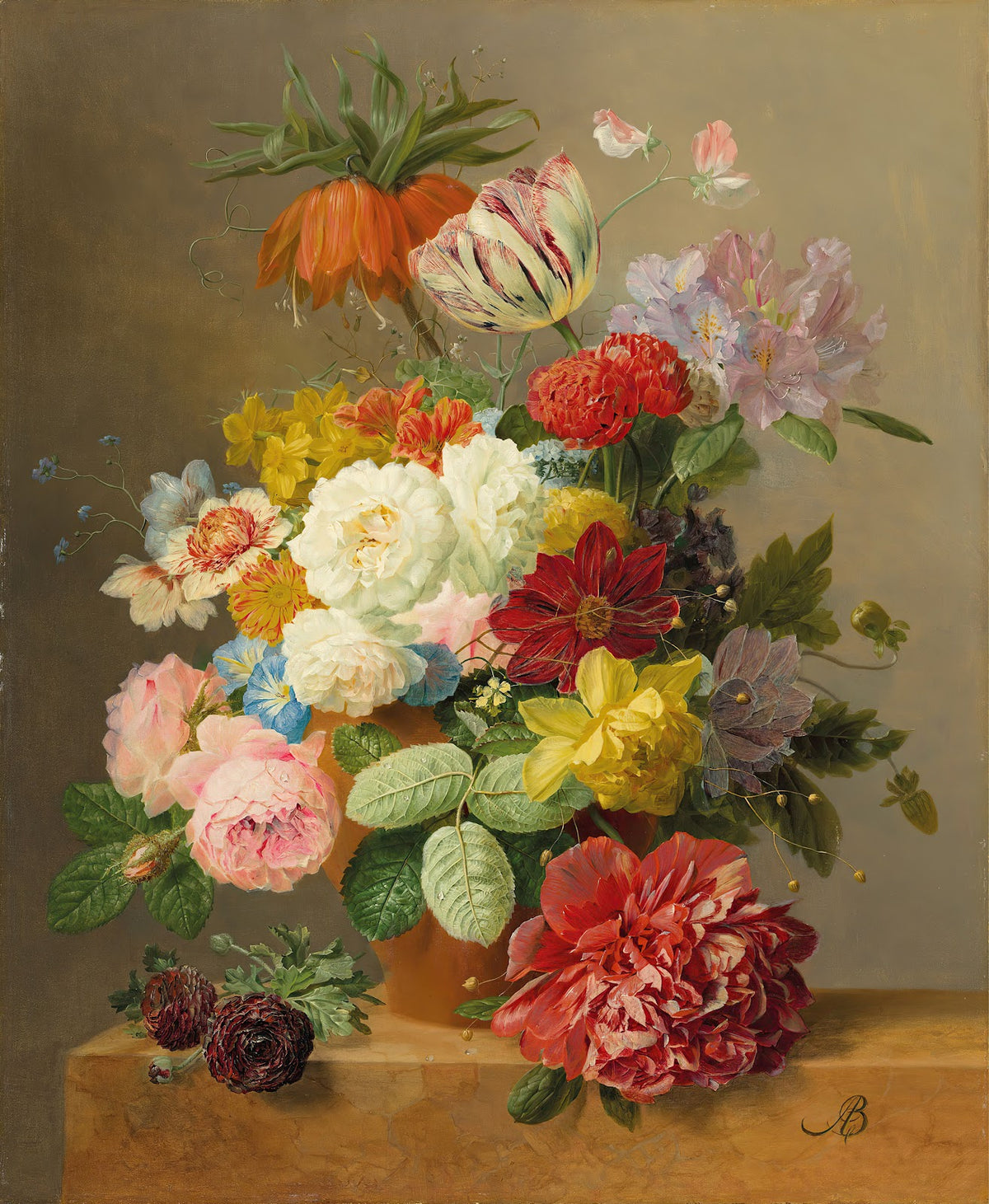 Still life with roses peonies tulips narcissi convulvulus and others in a vase o