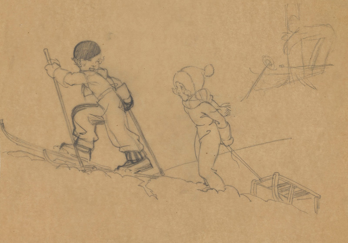 La petite skieuse et son amie tirant leur traineau 1930s