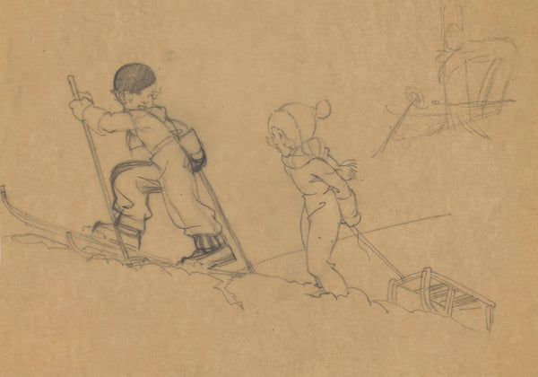 La petite skieuse et son amie tirant leur traineau 1930s