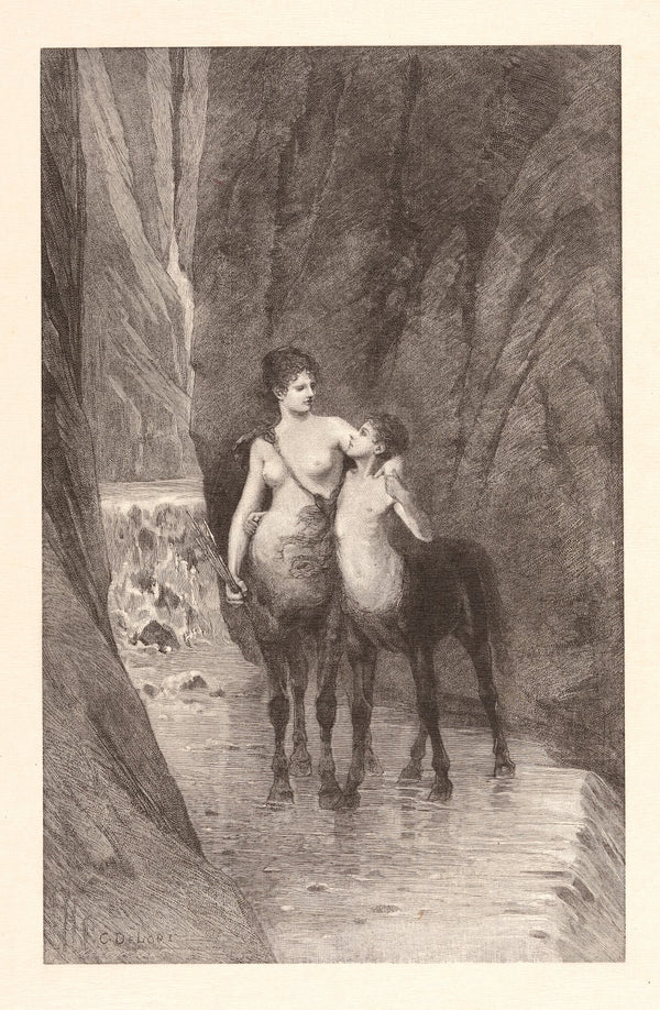 Two centaurs mother and child standing in mountain stream