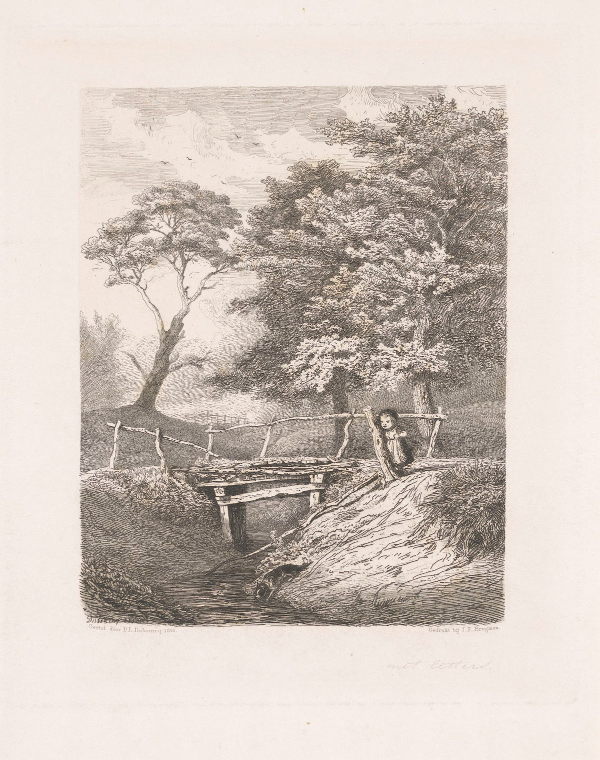 Meisje met hond bij houten brug 1856