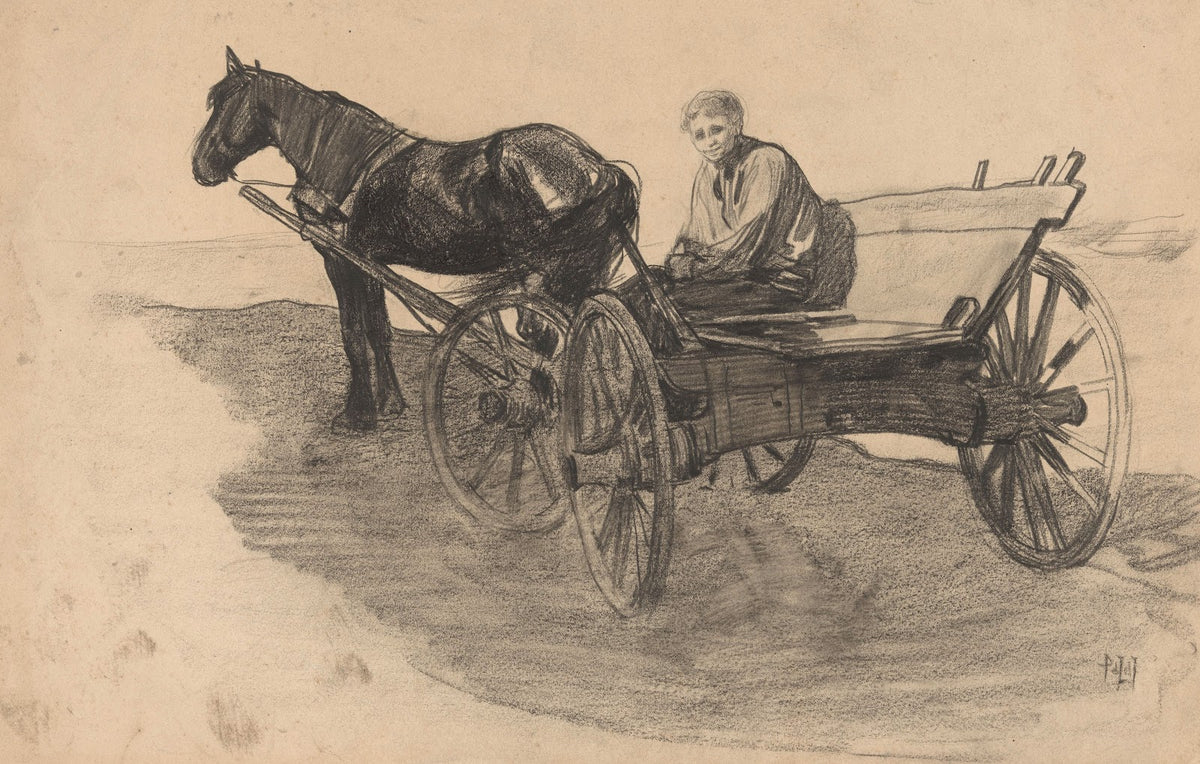 Paard en wagen met iemand erin 19th century