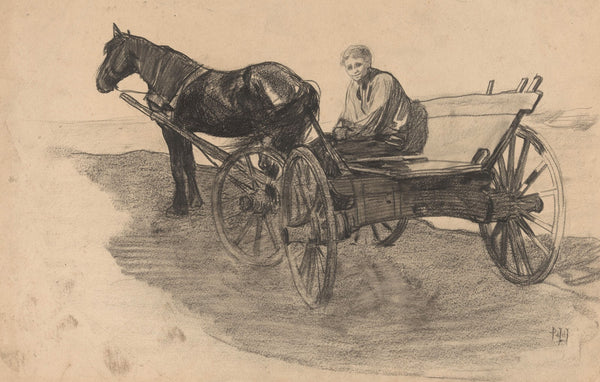 Paard en wagen met iemand erin 19th century