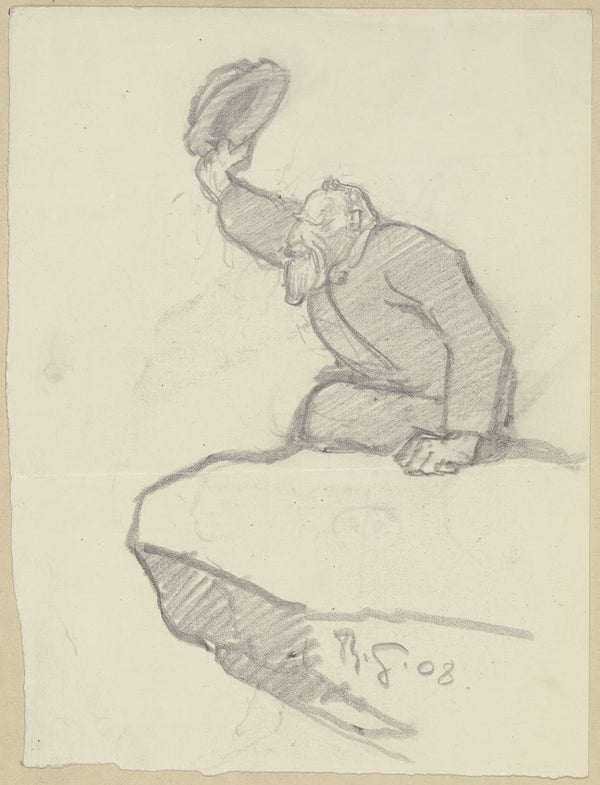 Alter Mann von einem Felsvorsprung seinen Hut zum Gruße hebend 1908