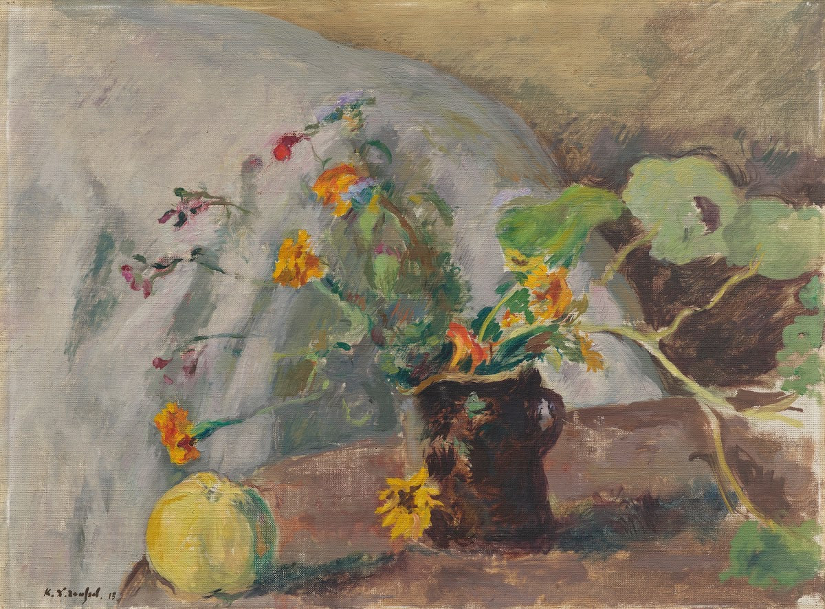 Pomme et bouquet de fleurs 1915