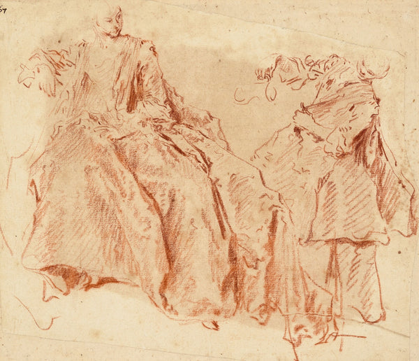 An elegant seated lady and a standing woman pouring a jug