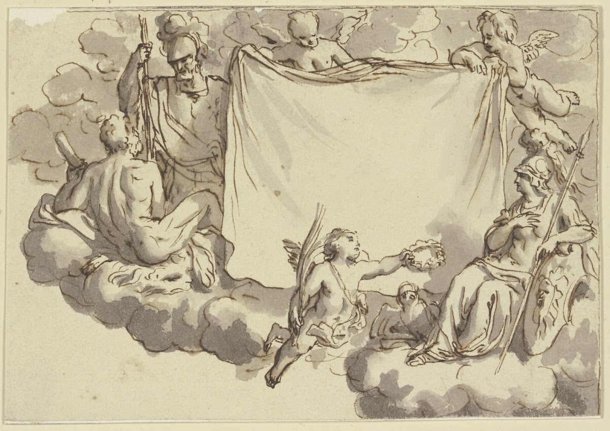 Amoretten halten ein Tuch rechts Minerva links Herkules und Mars