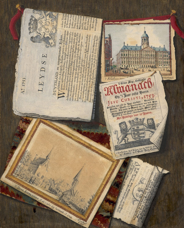 Trompe lœil of a drawing prints and an etching 1753