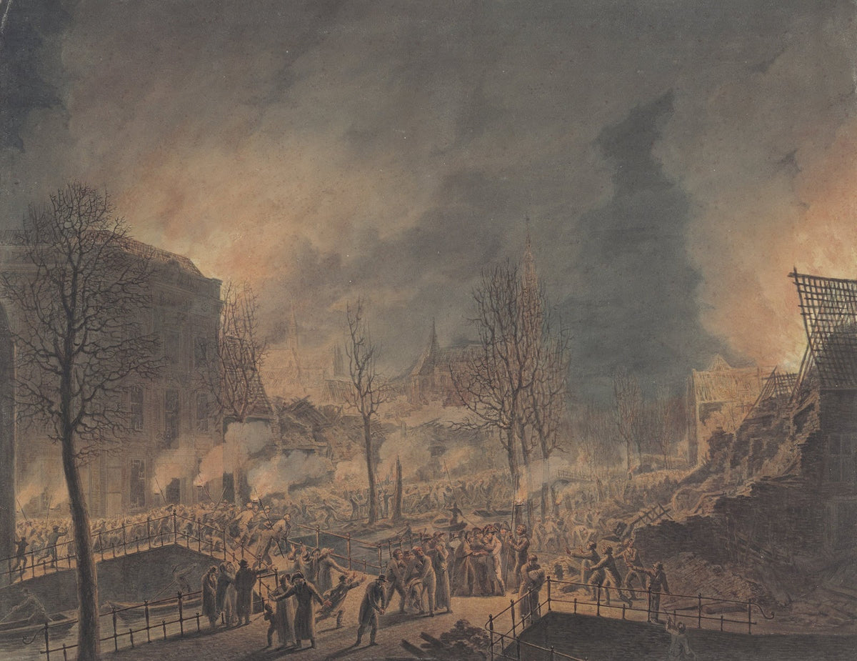 Lodewijk Napoleon bezoekt de ruïnes op het Rapenburg te Leiden na de ontploffing