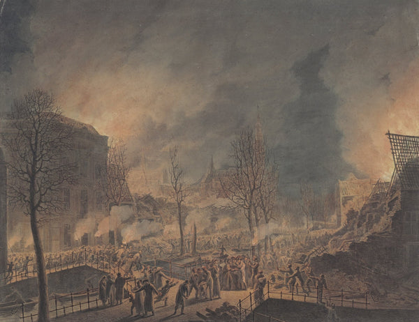 Lodewijk Napoleon bezoekt de ruïnes op het Rapenburg te Leiden na de ontploffing