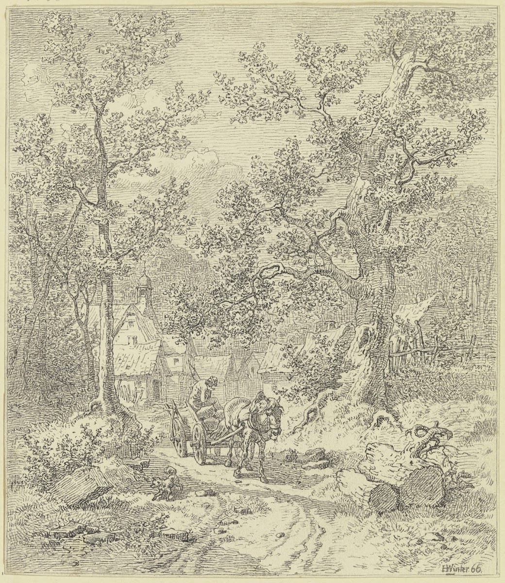 Waldinneres mit Bauer auf Fuhrwerk 1866
