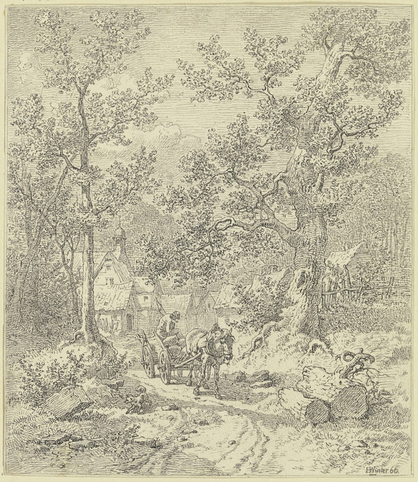 Waldinneres mit Bauer auf Fuhrwerk 1866