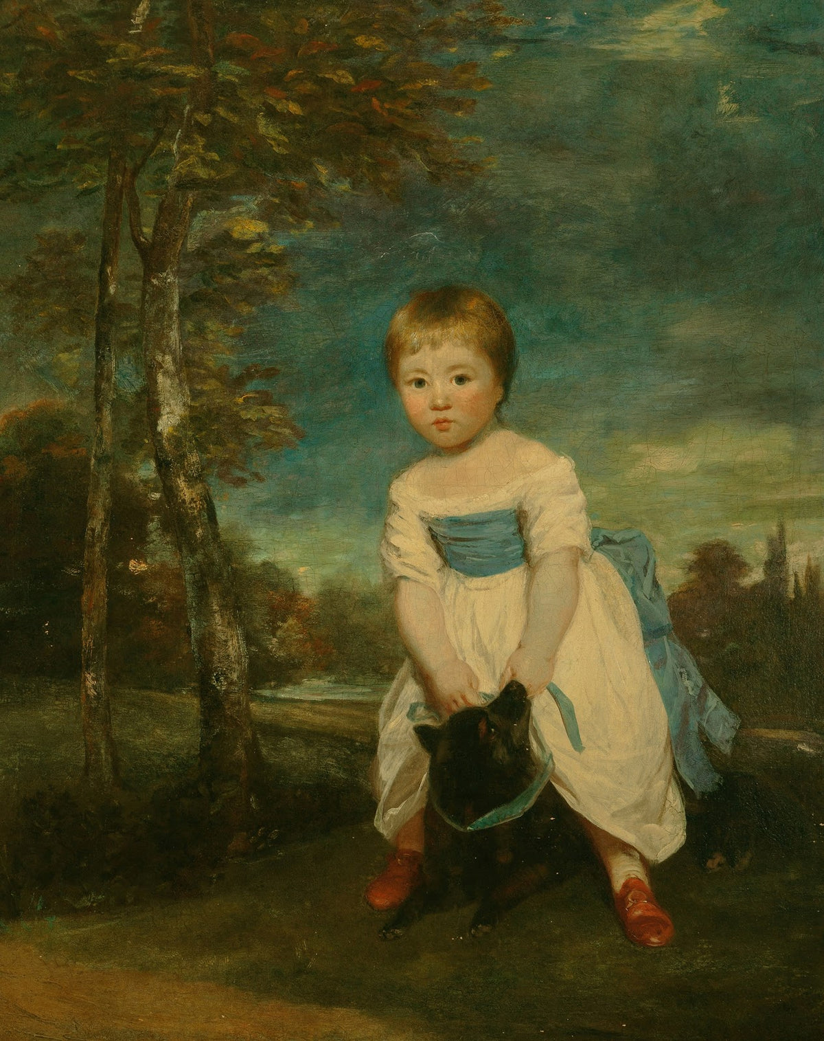 Portrait of Master William Cavendish standing astride a black dog in a landscape