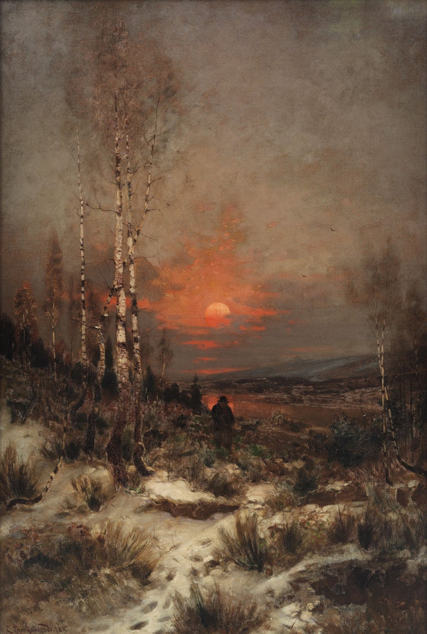 Abendliche Winterlandschaft mit einem Jäger