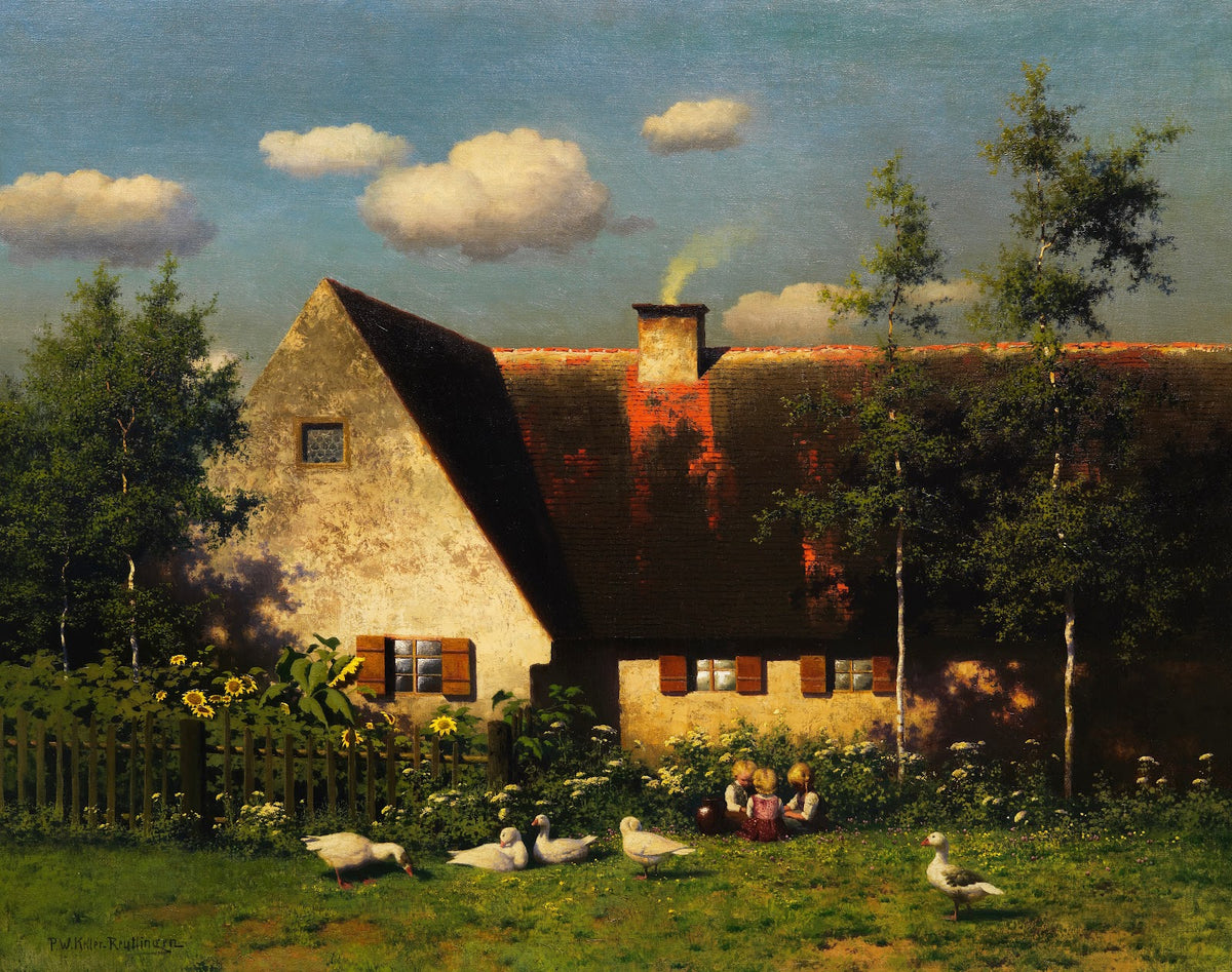 Spielende Kinder und Gänse vor dem Bauernhof 1900