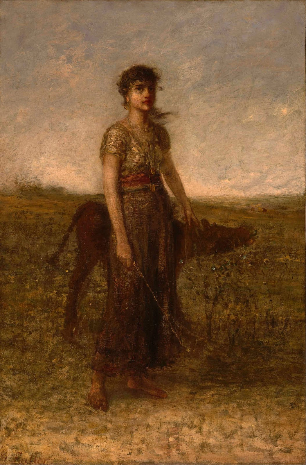 Girl and Calf Led Through Meadows