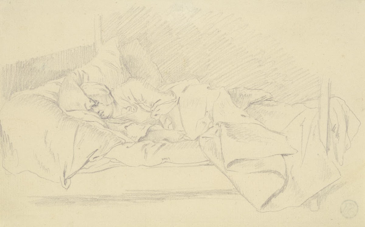 Schlafendes junges Mädchen im Bett ca 1750