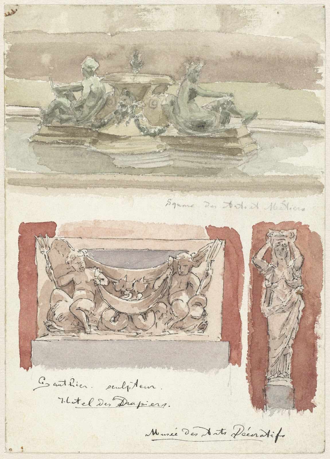 Drie schetsen van sculpturen in het Musée des Arts Decoratifs te Parijs 1872   1
