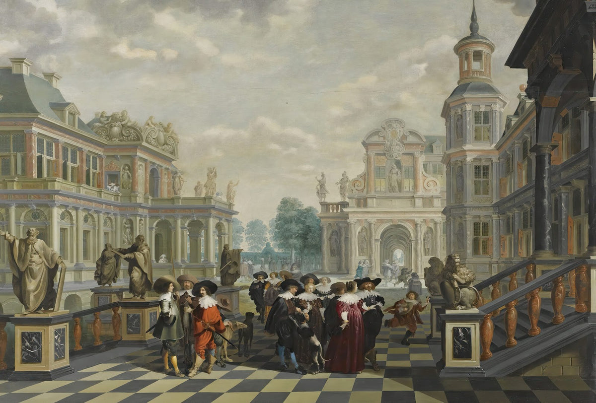 An ElaboratePalace Courtyard With Elegant Company Proceeding Towards A Great Sta