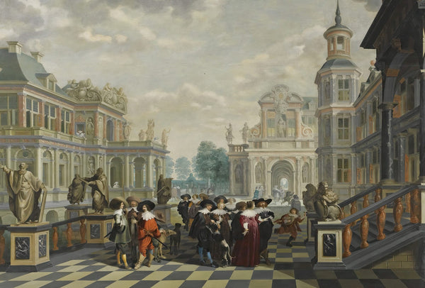 An ElaboratePalace Courtyard With Elegant Company Proceeding Towards A Great Sta