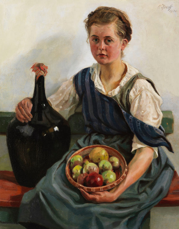 Mädchen mit Obstkorb und Weinflasche 1930