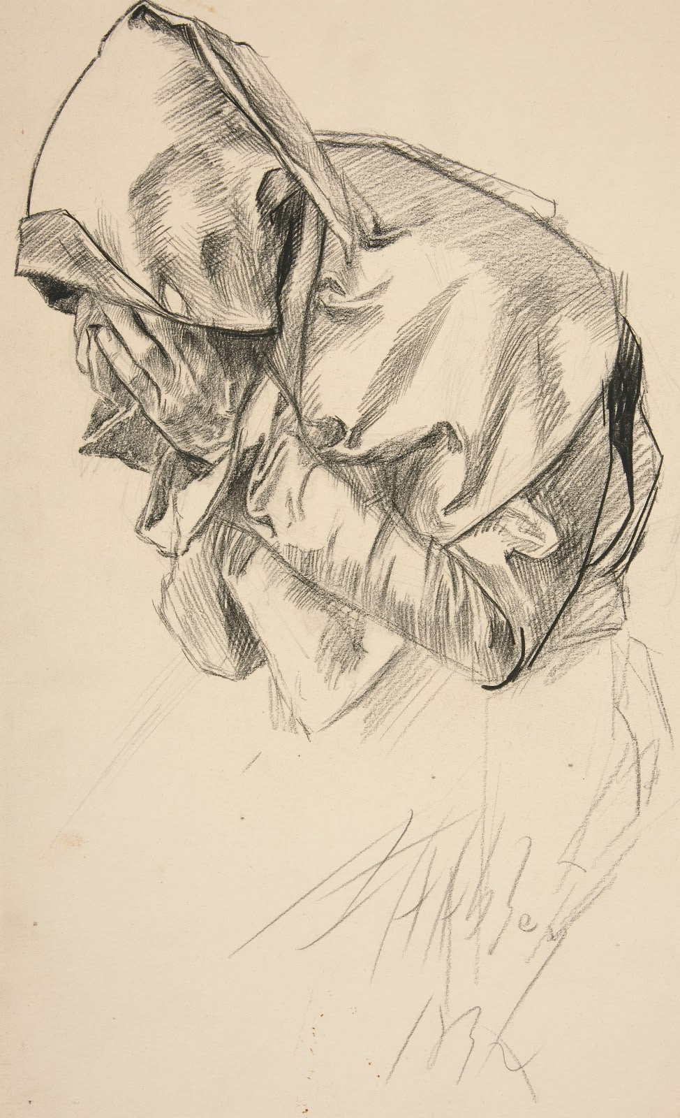 Study of a robed figure crying for The Quest of the Holy Grail mural series at B