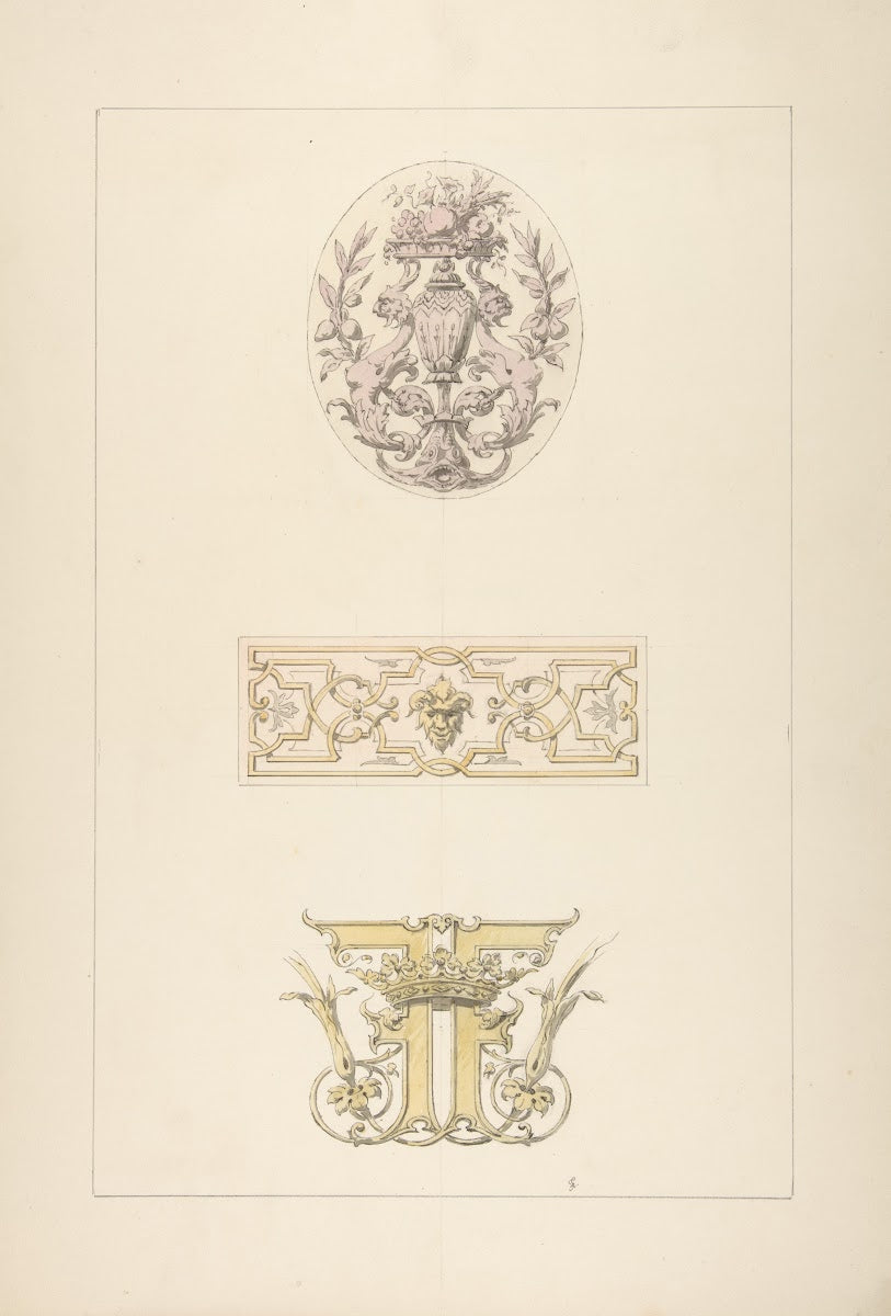 Two designs for decorative panels and one design for an ornamental monogram with