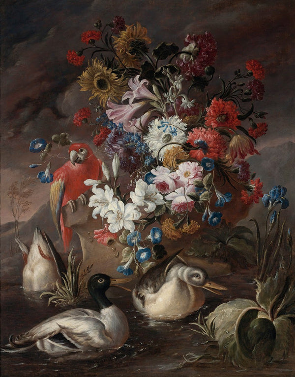 Floral Still Life With A Parrot And Ducks