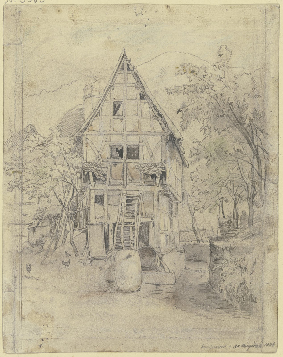 Bauernhaus unter Bäumen davor einige Fässer und Hühner 1838
