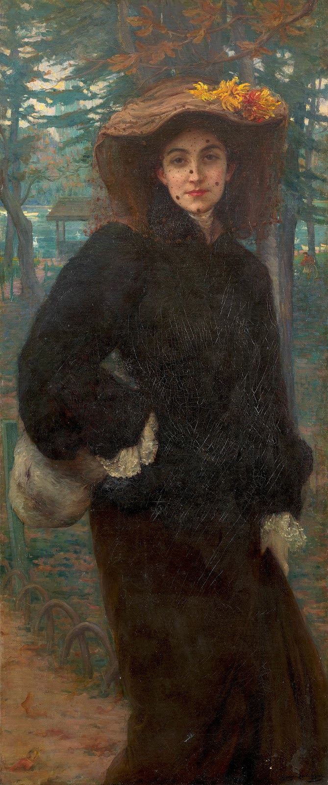 Portrait of woman in black with hat decorated with yellow flowers