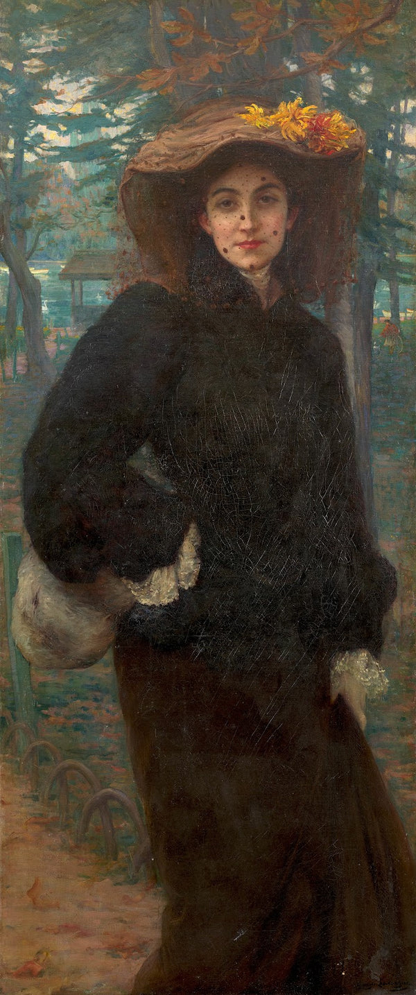 Portrait of woman in black with hat decorated with yellow flowers