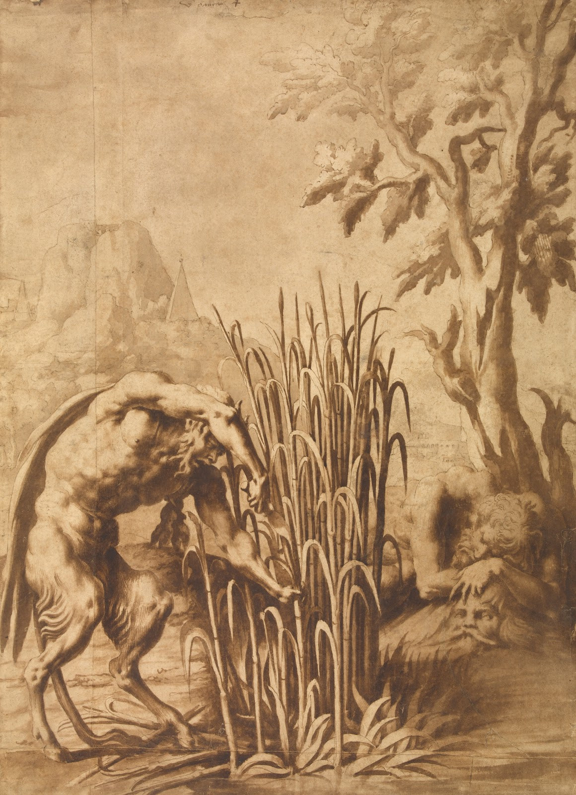 Pan cuts the reed into which the nymph Syrinx has turned mid 16th century