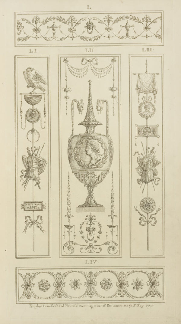 Central design of urn with garland and mans bust and two long handles with faces